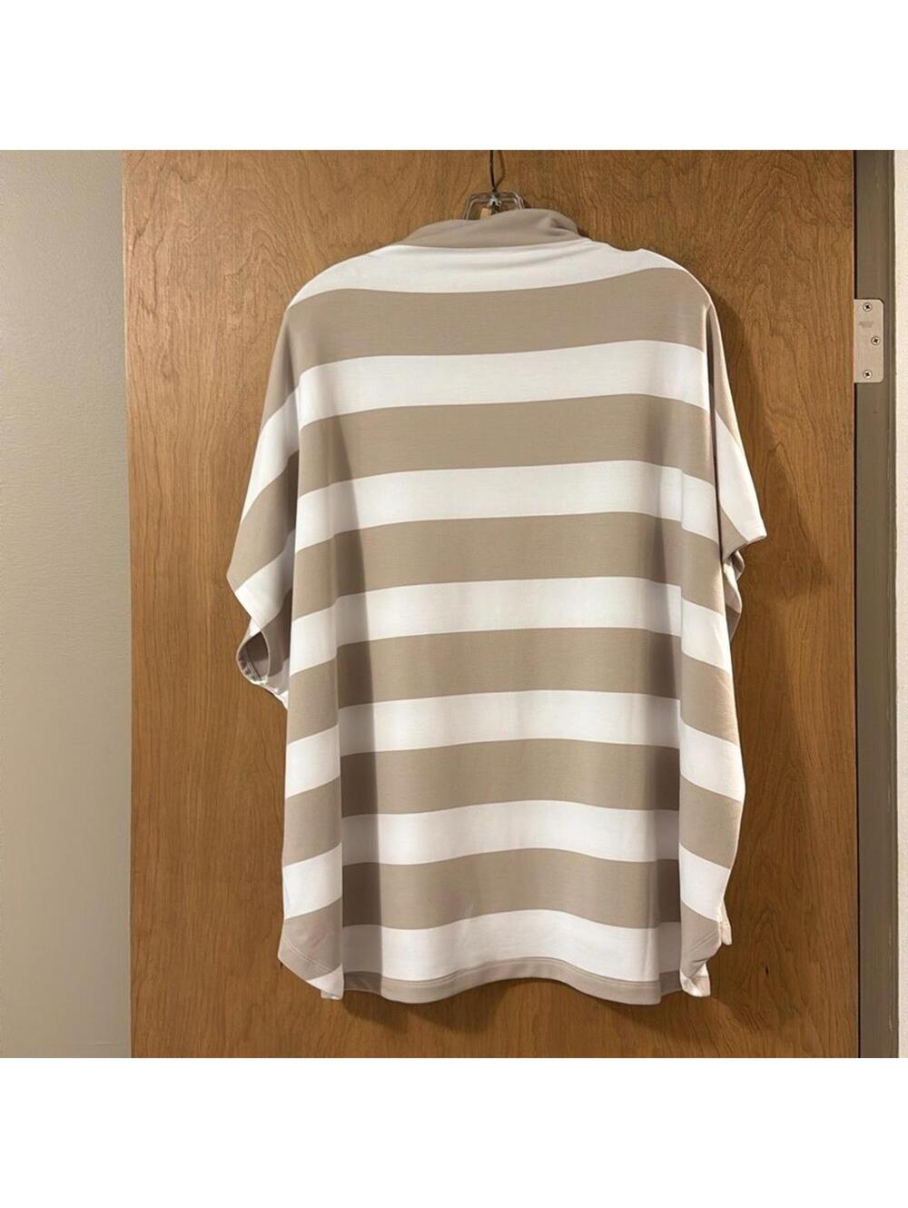 Cable and Gauge Beige White Stripe Mock Neck Short Sleeve Knit Top Women's XXL - Picture 2 of 6